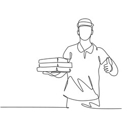 One line drawing of young pizza delivery man gives thumbs up gesture while deliver the package to customer. Food delivery service business concept. Continuous line draw design vector graphic