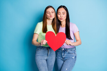 Photo of affectionate lesbians couple ladies romantic date holding big red paper heart figure celebrate anniversary send air kisses wear casual t-shirts jeans isolated blue color background