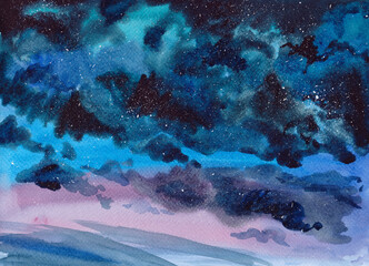 Watercolor landscape with a night starry sky. For wallpaper, background, cards, invitations, banners, web.