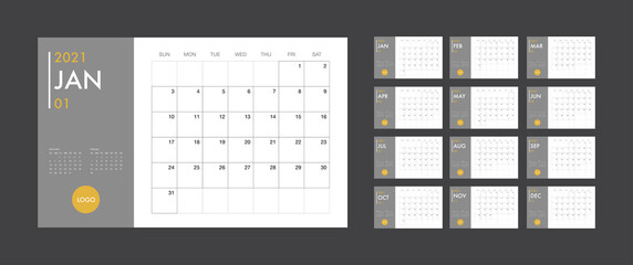Calendar 2021 template planner vector diary in a minimalist style