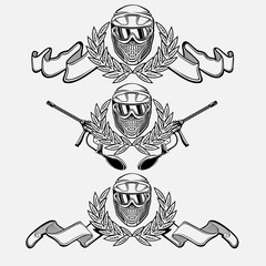 Monochrom sport paintball club logos. Paintball masks inside of wreath with guns and ribbons
