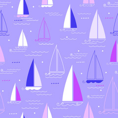 Seamless pattern with stylized sailboats and sea wave. Vector illustration.