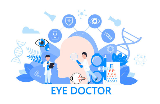 Eye doctor concept vector. Glaucoma treatment concept vector. Medical ophthalmologist eyesight check up with tiny people character. It can be used for banner, flyer, website, landing page.