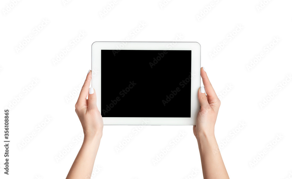 Poster cropped view of millennial girl showing tablet computer with mockup for design on screen against whi