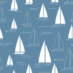 Seamless pattern with stylized sailboats and sea wave. Vector illustration.