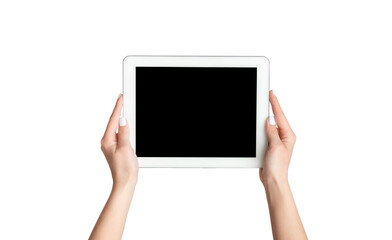 Cropped view of millennial girl showing tablet computer with mockup for design on screen against white background