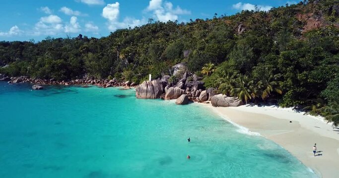 4K Aerial Footage of the Paradise Praslin Island Beach in the Heart of Indian Ocean, Seychelles 