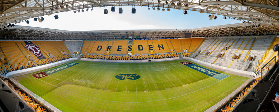 Dresden, Germany - June 3, 2019: A general view empty seats on tribunes of Rudolf Harbig Stadion. The Second Bundesliga, SG Dynamo Dresden and DDV-Stadion