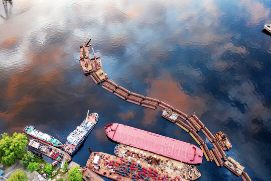 Barge on the lake. Aerial drone view.