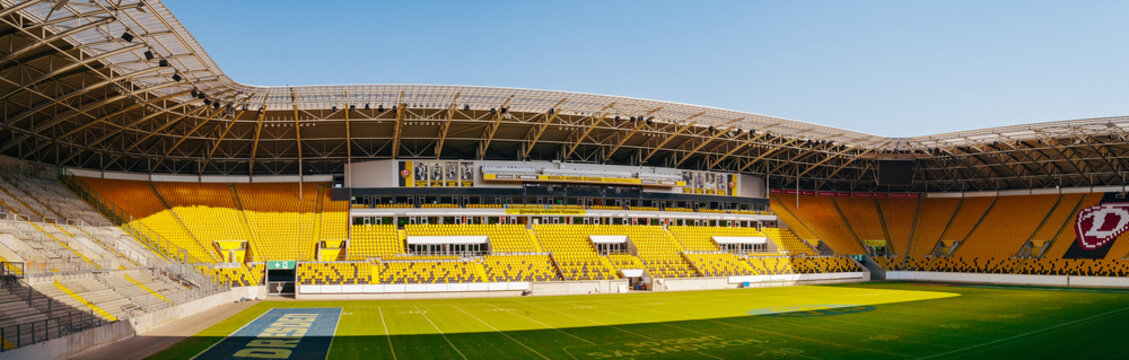 Dresden, Germany - June 3, 2019: A general view empty seats on tribunes of Rudolf Harbig Stadion. The Second Bundesliga, SG Dynamo Dresden and DDV-Stadion