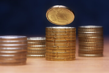 Euro coins columns, selective focus. Financial and business concept