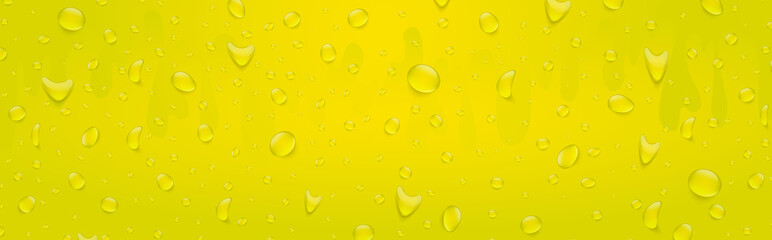 Water drops banner background. Rainfall over colorful glass surface. Yellow color drink beverage concept. 3d realistic vector illustration.