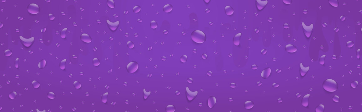 Water Drops Banner Background. Rainfall Over Colorful Glass Surface. Purple Color Drink Beverage Concept. 3d Realistic Vector Illustration.