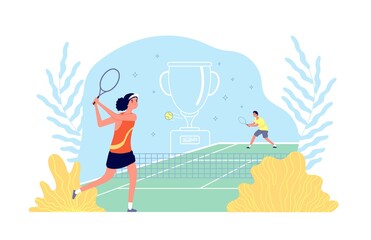 Tennis academy. Girl plays sport game. Sportsmen fitness workout, male female racquet ball on court. Healthy lifestyle vector. Sport tennis tournament, exercise for healthy and hobby illustration