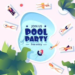 Pool party. Summer swimming event flyer. Water splashing, resort or vacation festive banner design. Vector fun people swim and take sunbath template. Summer event, holiday swim pool party illustration