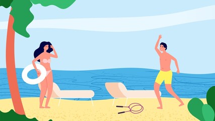 Meeting on beach. Man woman vacation, summertime. Tropical relax, sea or ocean holidays. Young couple date, body positive vector illustration. Woman and man on beach, ocean shore resort summer