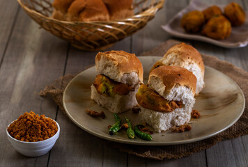 Vada pav, very famous street food of india, specially in the state of Maharashtra, selective focus