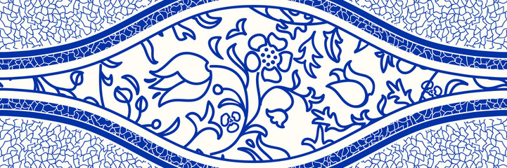 Naklejka premium Majolica pottery tile, blue and white azulejo, original traditional Portuguese and Spain decor. Seamless border with Victorian motives. Vector illustration.