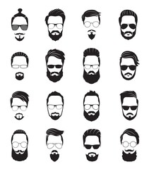 Bearded face. Black men beards. Handsome model hairstyling, portrait face old hipster. Isolated young trendy guys with haircut vector set. Trendy beard, haircut and hairstyle handsome guy illustration