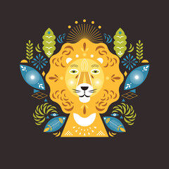 Lion head stylized illustration. Greeting or invitation card. Banner, poster , flyer template. Birthday card. Flat ornamental design, cover design   © LenLis