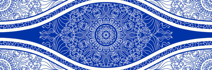 Majolica pottery tile, blue and white azulejo, original traditional Portuguese and Spain decor. Seamless border with Victorian motives. Vector illustration.