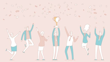 Winner team. Businessman with golden cup. Teamleader, professional boss and happy employees. Win award, people celebrating victory vector illustration. Leader achievement, golden cup hold businessman