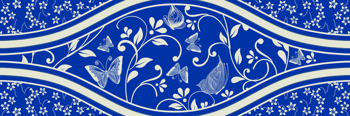Majolica pottery tile, blue and white azulejo, original traditional Portuguese and Spain decor. Seamless border with Victorian motives. Vector illustration.