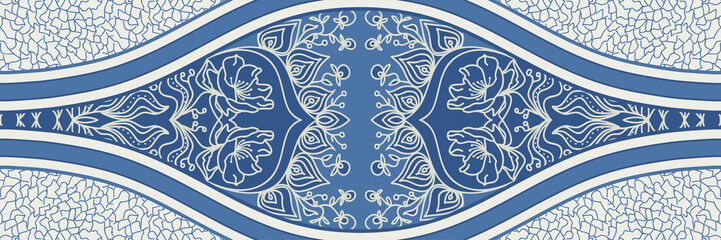 Majolica pottery tile, blue and white azulejo, original traditional Portuguese and Spain decor. Seamless border with Victorian motives. Vector illustration.