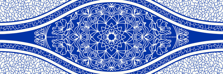 Fototapeta na wymiar Majolica pottery tile, blue and white azulejo, original traditional Portuguese and Spain decor. Seamless border with Victorian motives. Vector illustration.