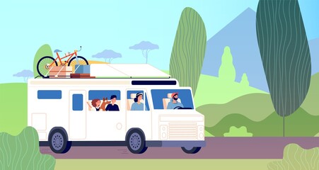 Family trip. Dad mother children road travel in camper. Nature adventures, travelling vacation. Travellers self tourism vector illustration. Family car travel, trip and camper road, camping journey