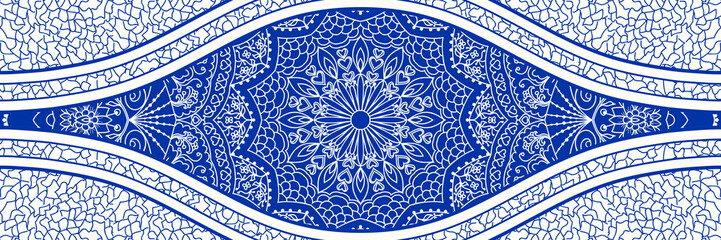 Majolica pottery tile, blue and white azulejo, original traditional Portuguese and Spain decor. Seamless border with Victorian motives. Vector illustration.