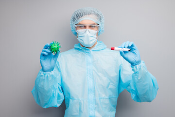 Photo of guy expert virology center hold covid bacteria virus vaccine research blood probe analysis...