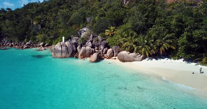 4K Aerial Footage of the Paradise Praslin Island Beach in the Heart of Indian Ocean, Seychelles 