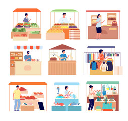 Street counter. Market vendors, sellers natural homemade fresh product. Isolated seafood, vegetables honey shopping stand, stalls vector set. Illustration street kiosk, outdoor counter marketplace