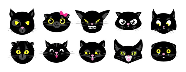 Black cats faces. Isolated flat kittens, halloween cat avatars. Emotional animals stickers. Cute emoji. Funny pets heads vector Black face kitten, kitty cartoon smile, emotion cheerful illustration