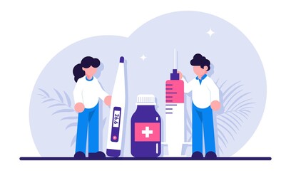 Healthcare concept. Doctor with syringe hold in hand isolated. Pharmacy treatment. Set of medical equipment pills bottles thermometer. Moden flat illustration.