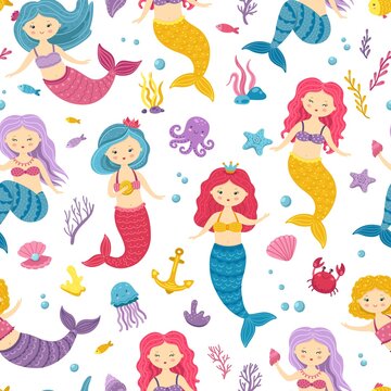 Mermaid pattern. Printable underwater mermaids background. Cute nursery print with ocean princesses. Sea fairies vector seamless texture. Princess mermaid, seamless background underwater illustration