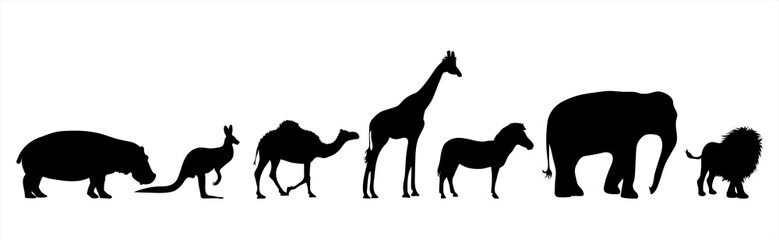 Collection of vector silhouette of animals on white background. Symbol of nature and zoo garden.