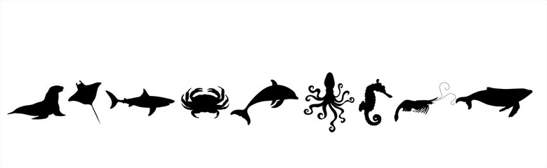 Collection of vector silhouette of water animals on white background. Symbol of nature and ocean creatures.