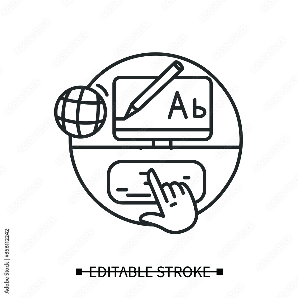 Poster online typing icon with outline hand press button in desktop keyboard. concept of browsing, web comm