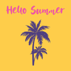 Hello summer! Summer vector illustration with hand lettering. Template badge, sticker, banner, greeting card or label.