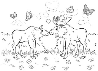 Fototapeta na wymiar Coloring page outline of cute cartoon moose couple in love. Vector image with forest background. Coloring book of forest wild animals for kids