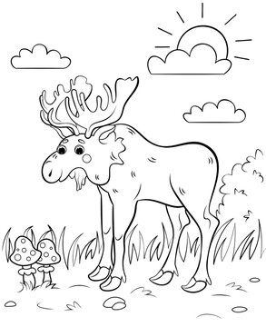 Coloring page outline of cute cartoon moose. Vector image with forest background. Coloring book of forest wild animals for kids