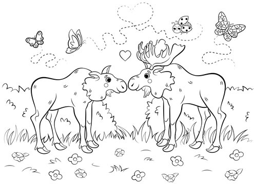 Coloring page outline of cute cartoon moose couple in love. Vector image with forest background. Coloring book of forest wild animals for kids