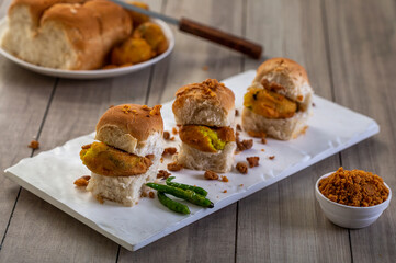 Vada pav, very famous street food of india, specially in the state of Maharashtra, selective focus
