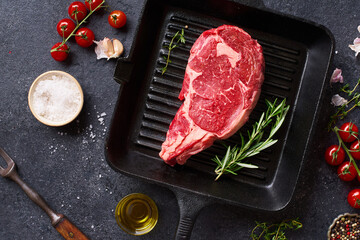 Top view Black Angus prime beef rib eye steak