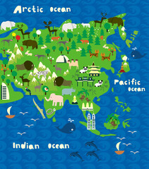 Fototapeta premium Cartoon map of asia with animals. Vector illustration