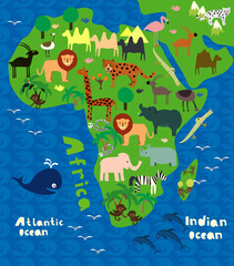 Cartoon map of Africa with wild animals. Vector illustration