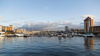 Swansea marina built on reclaimed docklands creating the SA1 development, a mix of apartment buildings and moorings for yachts and fishing boats.