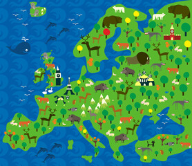 Cartoon map of Europe with animals . Vector illustration